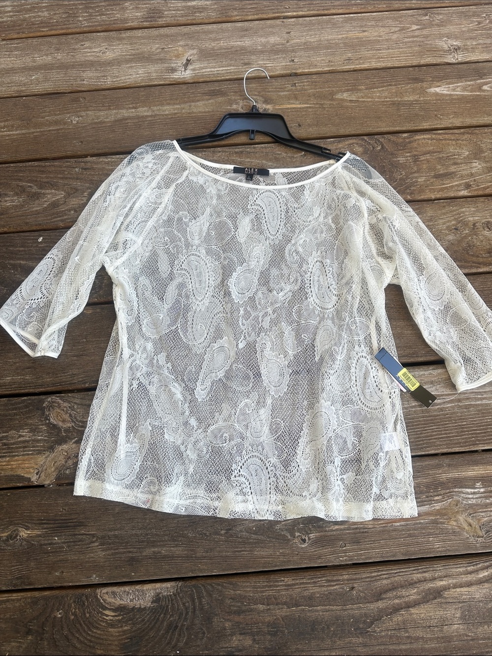 Alex Marie White Sheer Paisley Lace Ivory Scoop Neck Blouse
